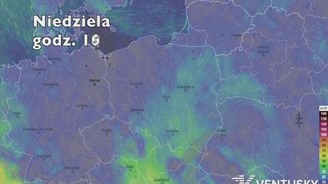 Prognozowane porywy wiatru w najbliższych dniach (Ventusky.com)