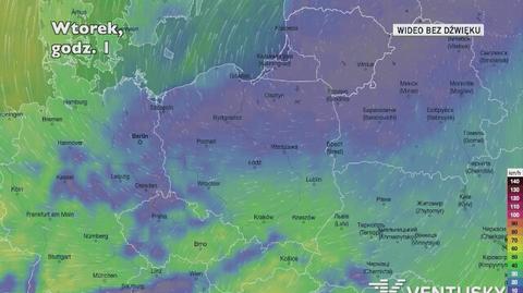 Prognozowane porywy wiatru w najbliższych dniach (Ventusky.com)