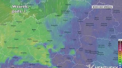 Prognozowane porywy wiatru w najbliższych dniach (Ventusky.com)