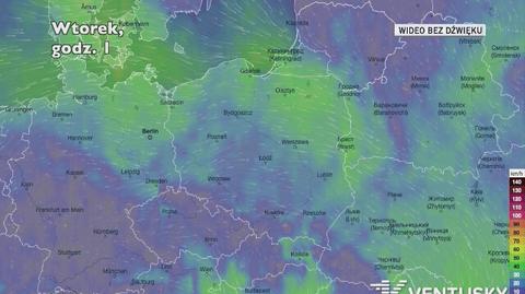 Prognozowane porywy wiatru w najbliższych dniach (Ventusky.com)