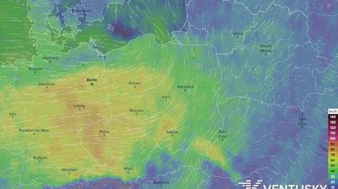 Prognozowane porywy wiatru w najbliższych godzinach (Ventusky.com)