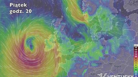 Prognozowane porywy wiatru w najbliższych godzinach (Ventusky.com)
