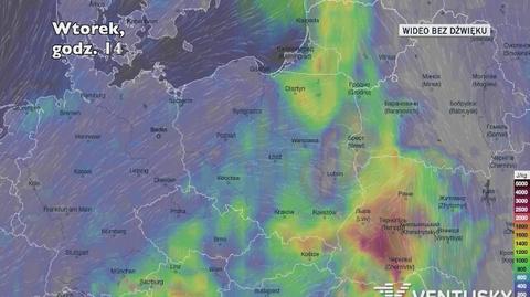 Prognozowany rozwój burz w ciągu kolejnych dni (Ventusky)