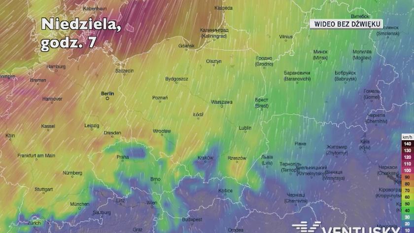 Prognozowany wiatr w kolejnych dniach (Ventusky.com)