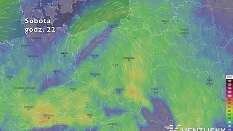 Rozkład i prędkość porywów wiatru (ventusky.com)