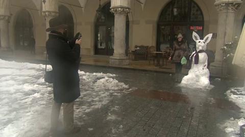 Śniegowy zając przed Sukiennicami (TVN 24)