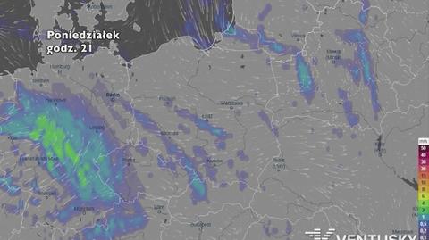 Strefa opadów nad Polską w poniedziałek (ventusky.com)