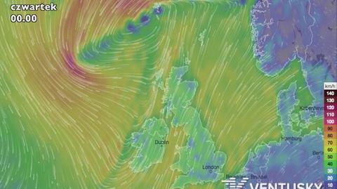 Sztorm Karolina w czwartek (źródło: Ventusky)