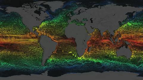 Wizualizacja przepływu wód w oceanie światowym (czerwone-ciepłe wody, niebieskie-chłodne) od marca 2007 do marca 2008