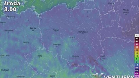 Wysokość temperatury w Polsce (źródło: Ventusky)