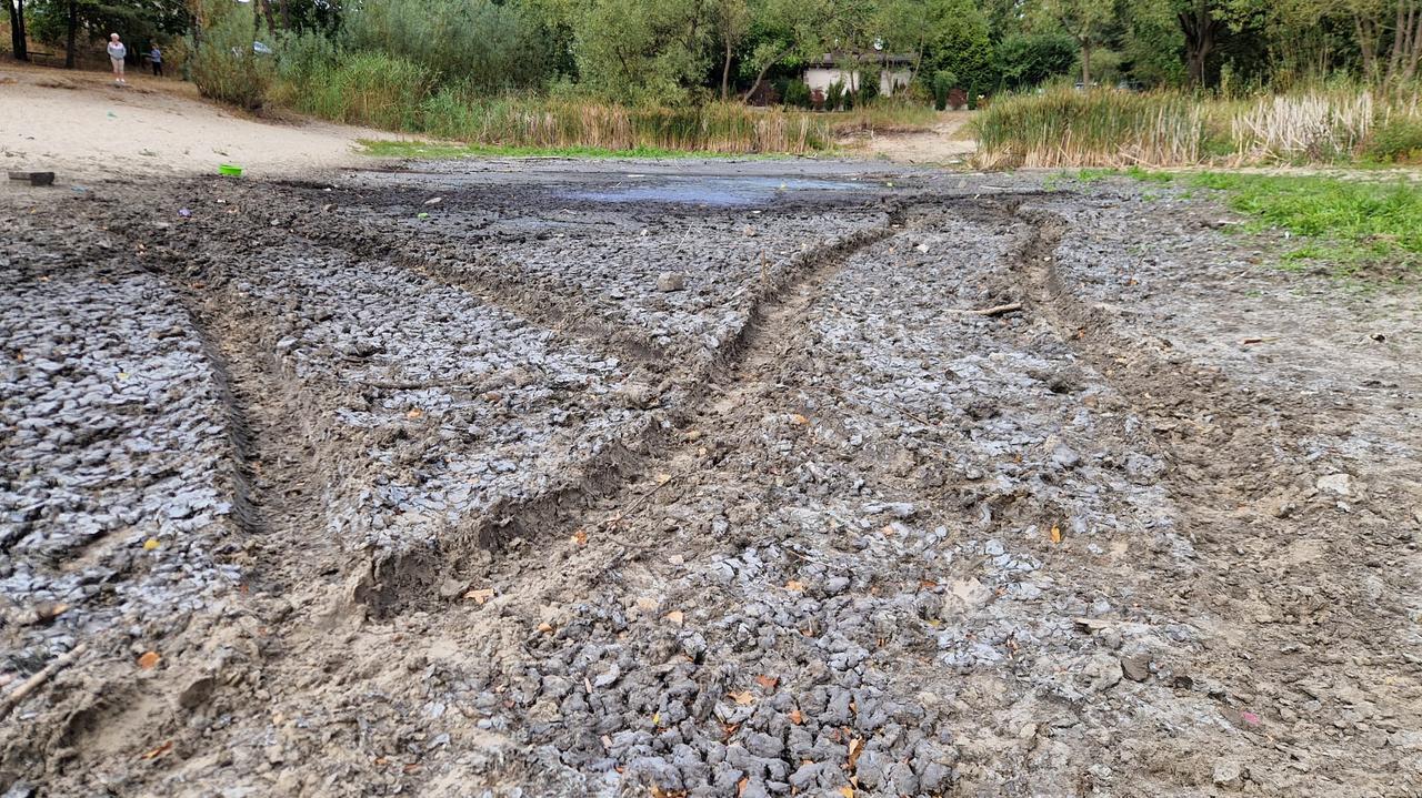 Staw wysechł, właściciele terenówek zaczęli rozjeżdżać dno