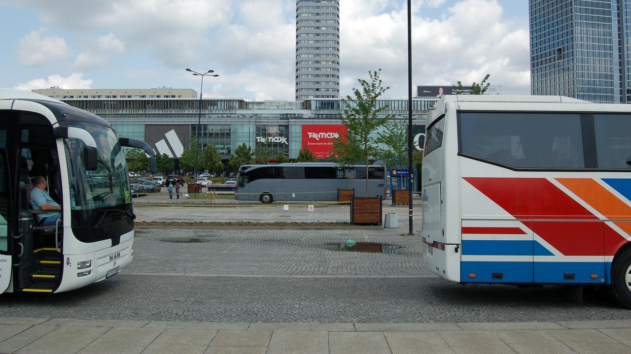 Duma i prowizorka. Obok nowego placu tymczasowy parking i drzewa w donicach