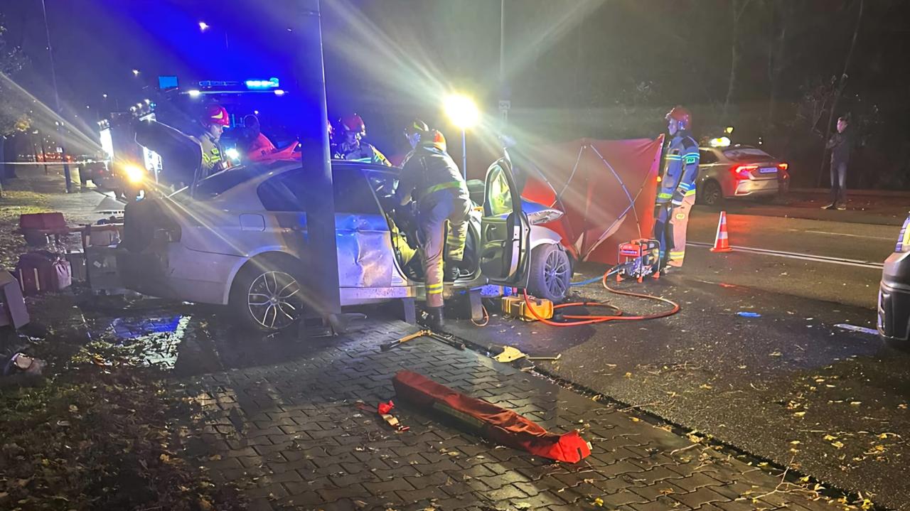 Zjechał z drogi i uderzył w słup. Dwie osoby w szpitalu