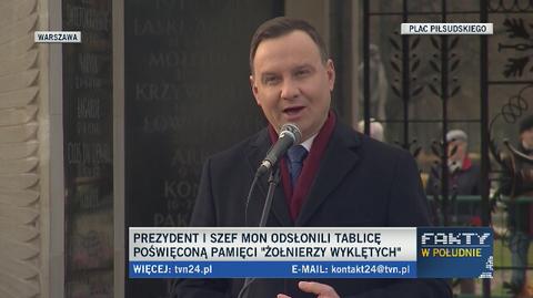 Andrzej Duda podczas odsłonięcia tablicy pamięci Żołnierzy Wyklętych