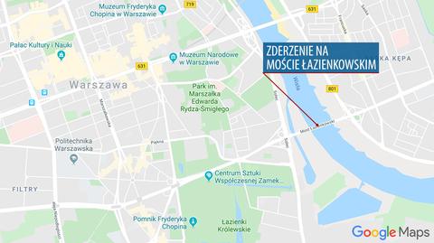 Zderzenie dwóch samochodów na moście Łazienkowskim